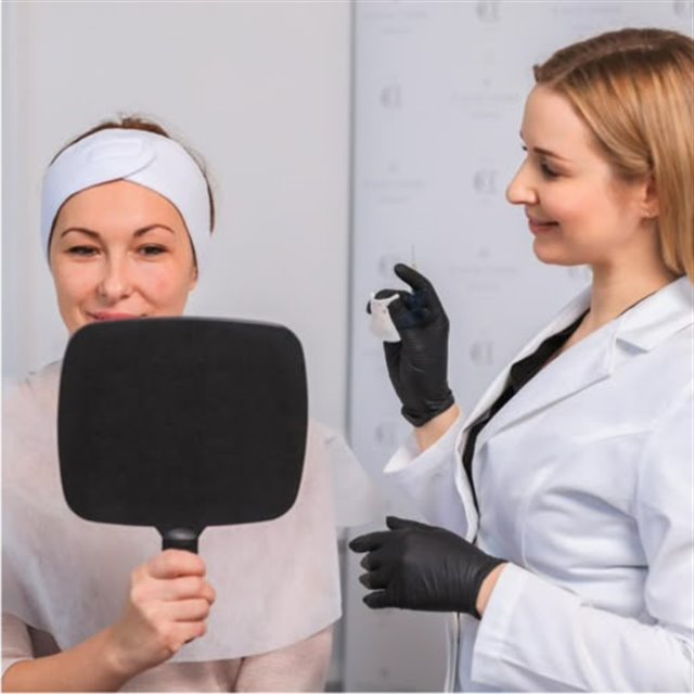 Client seeing her result in the mirror after treatment at a Putney aesthetic clinic