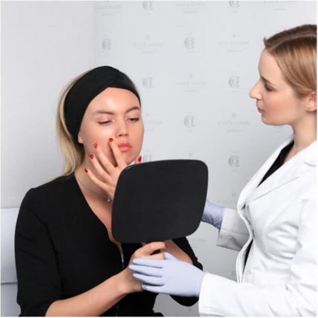 Result reviewed in the mirror with the nurse prescriber at an aesthetic clinic in Putney