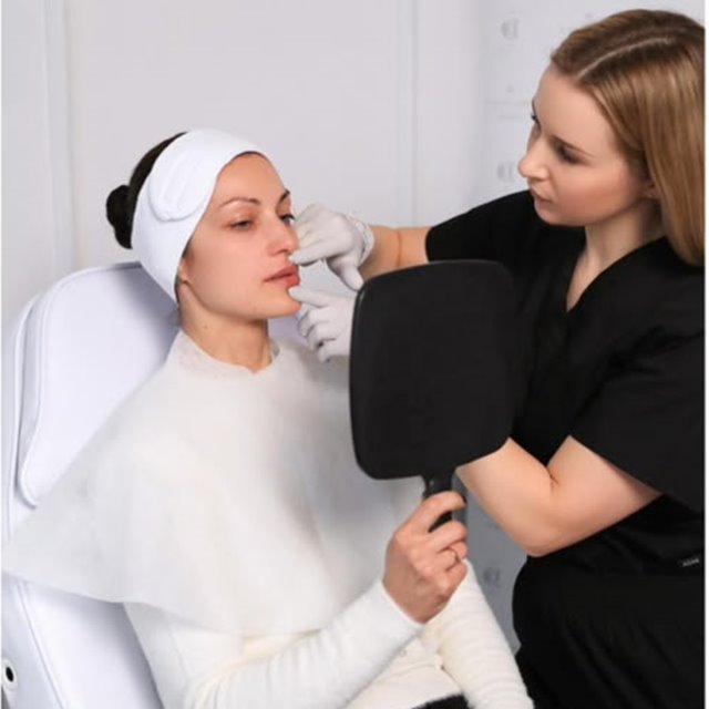 Client checking the result in the mirror during her appointment at a Putney aesthetic clinic