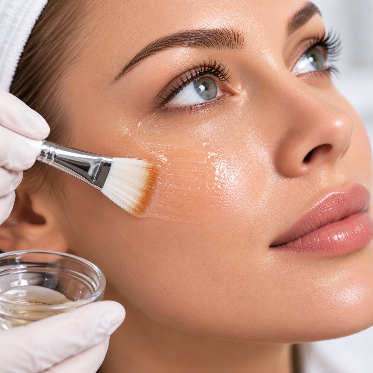 Medical grade chemical peel being applied with a brush at a Putney clinic in London